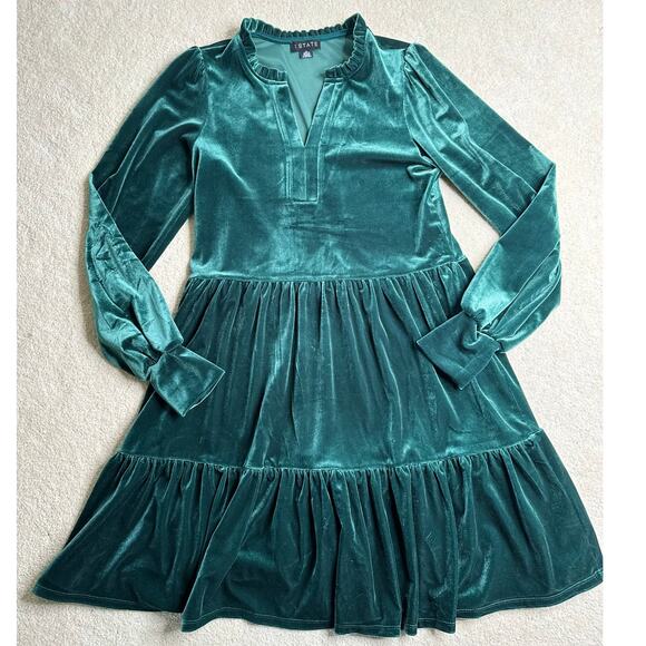 1.State: Green Velvet Tiered Dress - Picture 4 of 12